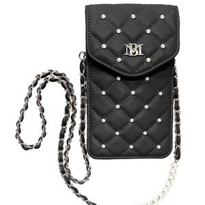 Badgley Mischka Black Quilted Pearl Strap Phone Crossbody Bag Vegan Leather